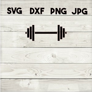 May include: Black and white silhouette of a barbell weight on a white wood background.