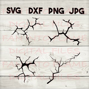 May include: Four black crack designs, ideal for crafting projects such as vinyl decals, iron-on transfers, or stencils.  SVG, DXF, PNG, and JPG file formats are included.