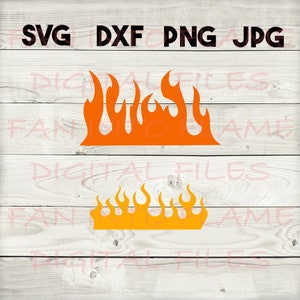 May include: Two digital cut files of flames. The top file is orange and the bottom file is yellow. Both files are in a simple, stylized design.