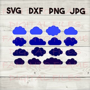 May include: A set of 12 cloud shapes in two different colors. The top row features three blue clouds, and the bottom row features nine dark blue clouds. The clouds are arranged in three rows of four clouds each.