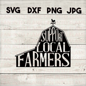 May include: Black and white silhouette of a barn with a weathervane on top. The barn is shaped like a traditional red barn with a large door. The words "Support Local Farmers" are written on the barn.
