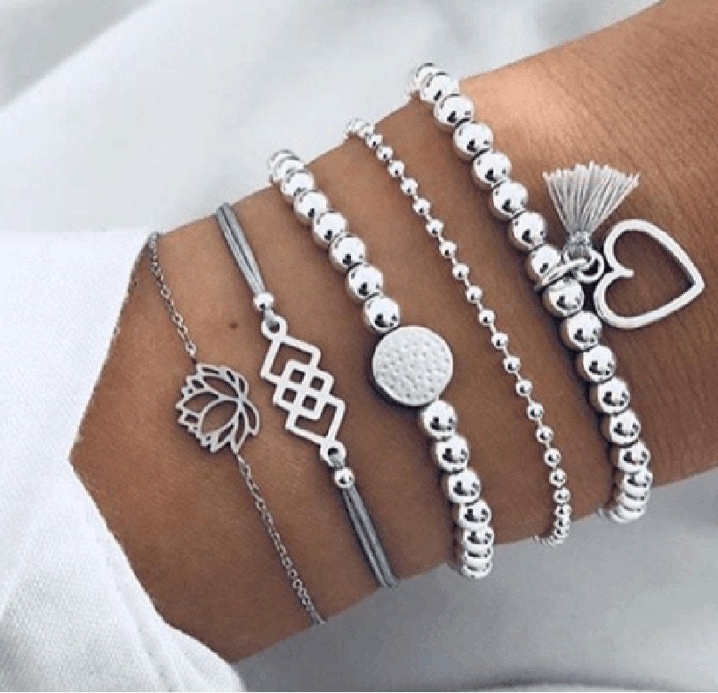 Five pieces Bohemian Bracelets Set with Lotus Flower Heart
