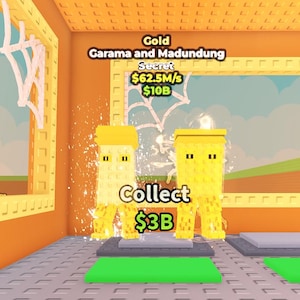 Puede incluir: Ilustración digital de dos figuras amarillas y cuadradas con ojos cuadrados negros. Las figuras están en una habitación con el texto "Gold Garama and Madundung" y "Collect". El fondo es naranja y amarillo.