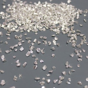May include: Silver glitter confetti, small, irregular pieces of silver glitter, scattered on a gray surface.