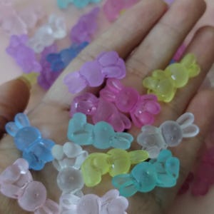 May include: Assortment of pastel colored plastic bunny charms. The charms are translucent and have a glossy finish. The colors include pink, blue, purple, yellow, and white.