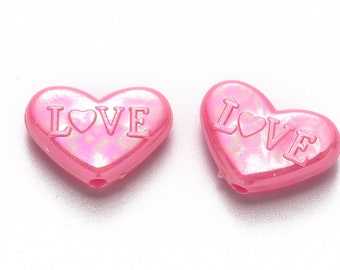 Irredescent Color Plated Heart Beads with "Love" – 18mm