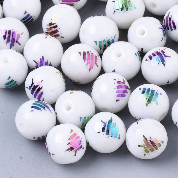 Glass round bead with Xmas tree print in cold and rainbow colors for jewelry bracelet making Holiday bead Kid bead diy