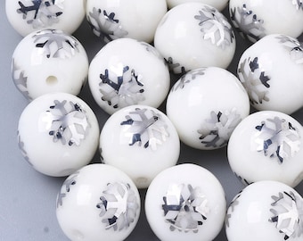 Round snowflake Christmas beads for jewelry bracelet making Holiday bead Kid bead White with silver snowflake bead for Christmas diy