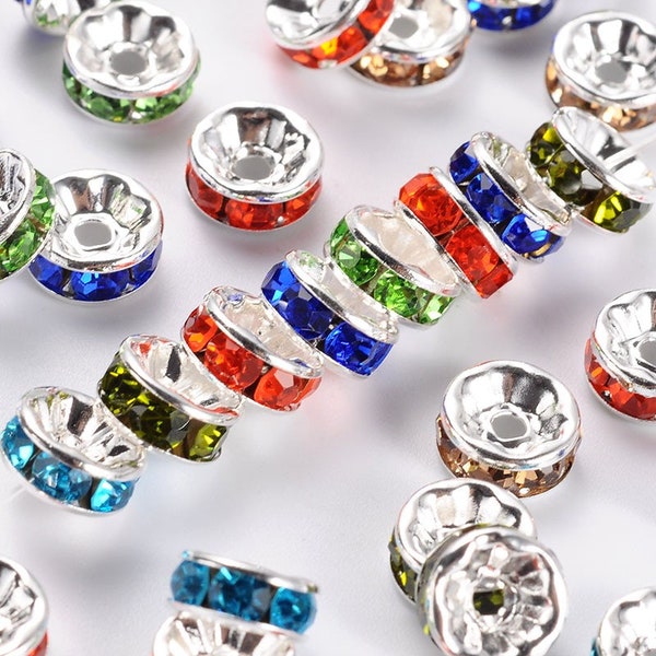 Perles de strass d’espacement coloré en argent de 8 mm pour la fabrication de bijoux Perles de pièces rondes pour la fabrication de bracelets d’espacement DIY perles de cristal