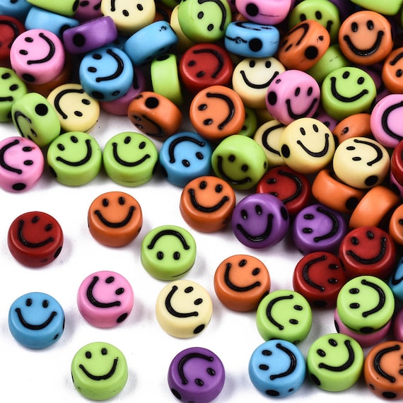 Kawaii Cute Aesthetic Beads Hearts Pastel Spacer Beads DIY Smiley Face 7mm Acrylic Beads in Color Mix Smile Face Flat Bead Kid Crafts