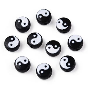 7mm black and yin yang acrylic beads flat round for jewelry making, bead for bracelets symbol of balance and harmony, DIY craft