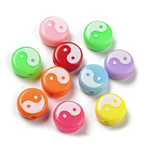 10mm pastel colorful yin yang acrylic beads flat round for jewelry making, bead for bracelets symbol of balance and harmony, DIY craft