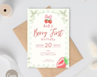 Berry First Birthday Invitation | Strawberry 1st Birthday Invite | Berry First Evite| Party Printable | Editable Template | Girl's Birthday