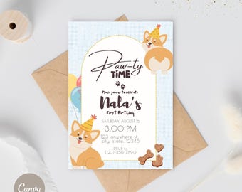 Corgi Dog Invitation | Editable Template | Corgi Party | Dog's First Birthday | Dog's Birthday | Personalized Party | Tan Corgi | Canva