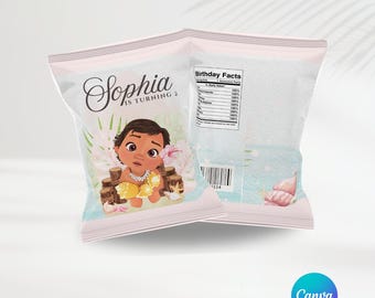 Bolsas de chips de Moana bebé / Plantilla editable / Bolsas de chips de Moana / Fiesta personalizada / Recuerdos de fiesta / Canva / Disney