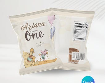 Winnie the Pooh First Birthday Girls Party Chip Bags | Editable Template | Winnie the Pooh Party Favors | Personalized Party | Canva