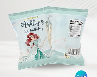 Little Mermaid Party Chip Bags | Editable Template | Little Mermaid Party Favors | Personalized Party | Princess Ariel | Princess Birthday