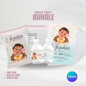 Baby Moana Party BUNDLE | Editable Templates | Moana Chip Bags | Moana Water Labels | Moana Invitation | Personalized Party | Party Favors
