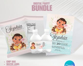 Baby Moana Party BUNDLE | Editable Templates | Moana Chip Bags | Moana Water Labels | Moana Invitation | Personalized Party | Party Favors