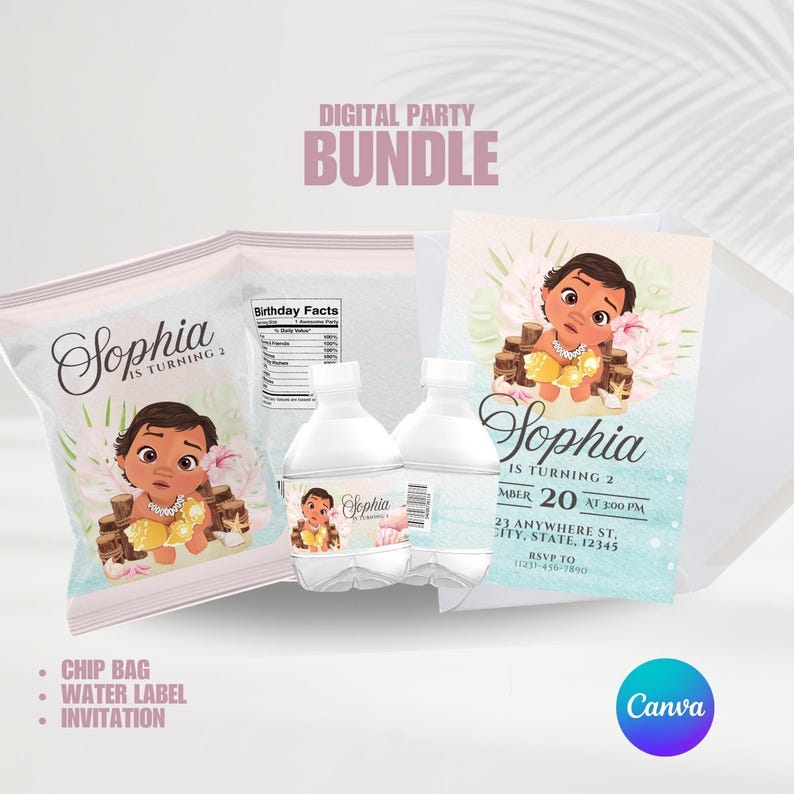 Baby Vaiana-festpaket | Redigerbara mallar | Vaiana-chipspåsar | Vaiana-vattenetiketter | Vaiana-inbjudan | Personligt kalas | Festgåvor bild 1
