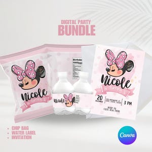 Minnie Mouse Party BUNDLE | Minnie Water Labels | Editable Template | Minnie Invite | Baby Minnie | Personalized Party | Canva | Party Favor