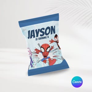 May include: Blue and white chip bag with a cartoon image of Spiderman, a pink character, and a black character. The bag says "Jayson is turning 5".