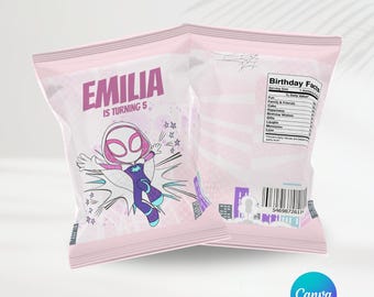 Spidey Girl Birthday Chip Bags | Editable Template | Spidey Party Favors | Personalized Party | Spidey and His Amazing Friends Party | Canva