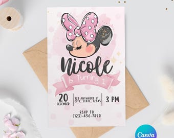 Inbjudan till Mimmi Pigg-fest | Redigerbar mall | E-inbjudan till Mimmi Pigg | Personligt festmåltid | Canva | Första födelsedagen |