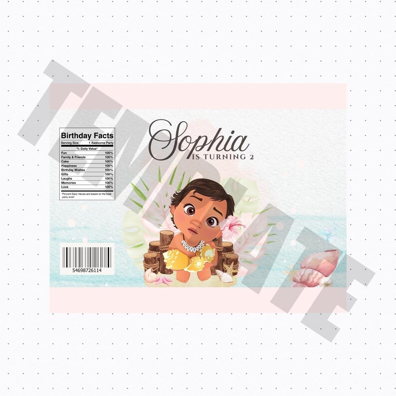 Baby Vaiana-festpaket | Redigerbara mallar | Vaiana-chipspåsar | Vaiana-vattenetiketter | Vaiana-inbjudan | Personligt kalas | Festgåvor bild 3