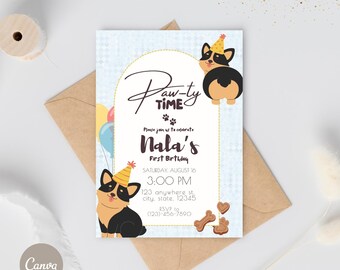 Invitación de perro Corgi / Plantilla editable / Fiesta de Corgi / Primer cumpleaños de perro / Cumpleaños de perro / Fiesta personalizada / Corgi gris moteado / Canva