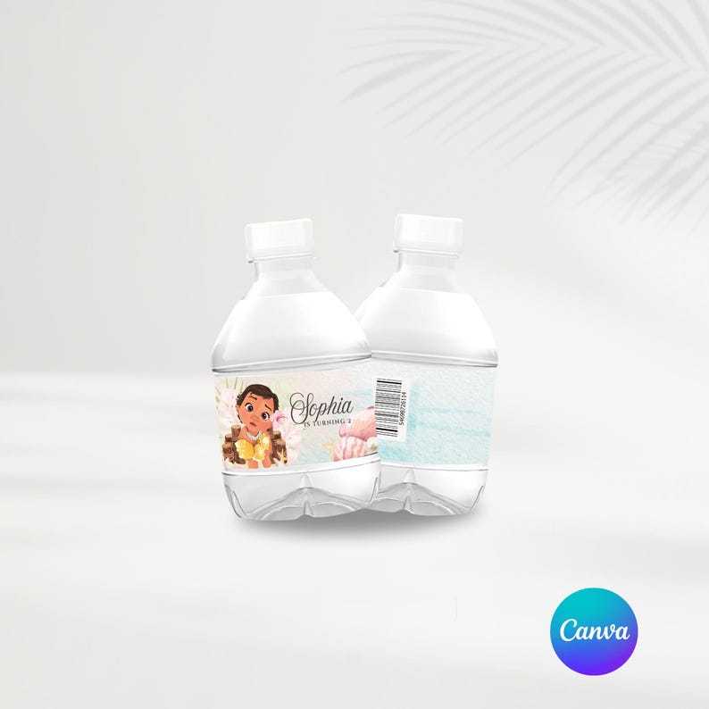 Op de afbeelding: Twee doorzichtige plastic waterflessen met gepersonaliseerde etiketten. De etiketten tonen een cartoonillustratie van een jong meisje met een bruine huid en bruin haar, dat een gouden jurk en een kroon draagt. De tekst op het etiket luidt "Sophia wordt 2 jaar". De etiketten tonen ook een bloemenpatroon met roze en blauwe bloemen en een lichtblauwe achtergrond.