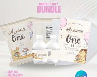 Winnie the Pooh 1st Birthday GIRL Party BUNDLE | Editable Template | Winnie the Pooh Party Favors | Personalized Party | Canva