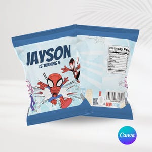 May include: Blue and white chip bag with a Spiderman theme. The bag has a red and blue Spiderman character on the front with the text "Jayson is turning 5". The back of the bag has a nutrition facts label with the text "Birthday Facts".