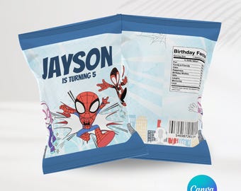 Spidey and His Amazing Friends Party Chip Bags | Editable Template | Spidey Favors | Personalized Party | Spiderman Party | Canva | Marvel