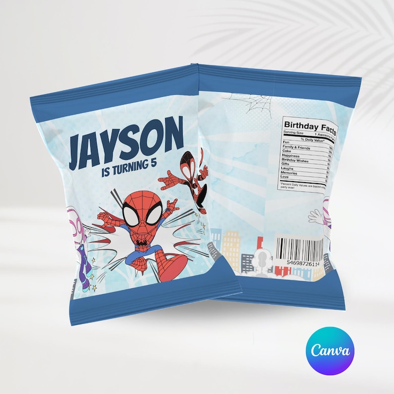 May include: Blue and white chip bag with a Spiderman theme. The bag has a red and blue Spiderman character on the front with the text "Jayson is turning 5". The back of the bag has a nutrition facts label with the text "Birthday Facts".
