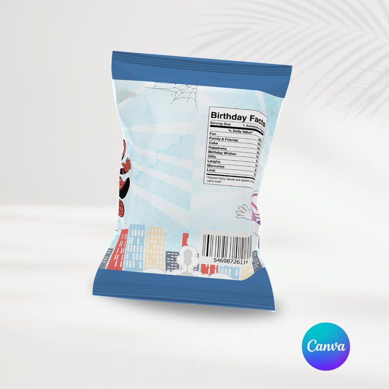 May include: Blue and white snack bag with a cartoon superhero design. The bag has a nutrition label that says "Birthday Facts" and a barcode that reads "54698726114".
