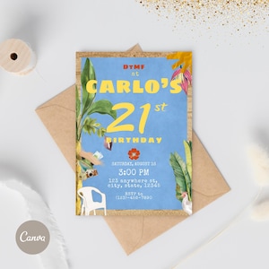 Könnte beinhalten: Eine Geburtstagseinladung mit blauem Hintergrund und gelbem Text mit der Aufschrift "CARLO'S 21st BIRTHDAY". Die Einladung enthält Datum, Uhrzeit und Ort. Tropische Blätter und ein weißer Stuhl sind im Design enthalten.