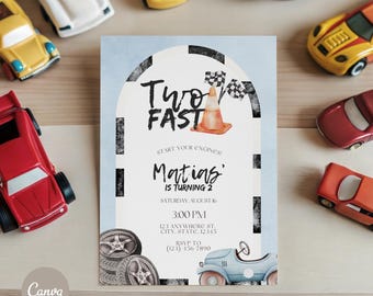 Two Fast Birthday Party Invitation | Editable Template | Race Car E-Invite | Cars Party | Personalized Party | Canva | Kids Birthday