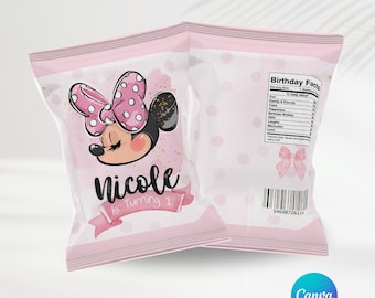 Minnie Mouse Party Bags | Editable Template | Minnie Mouse Chip Bags | Baby Minnie | Personalized Party | Canva | First Birthday