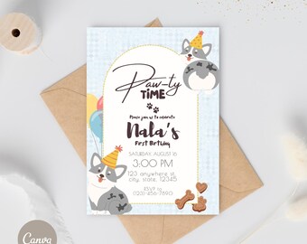 Invitación de perro Corgi / Plantilla editable / Fiesta de Corgi / Primer cumpleaños de perro / Cumpleaños de perro / Fiesta personalizada / Corgi gris moteado / Canva