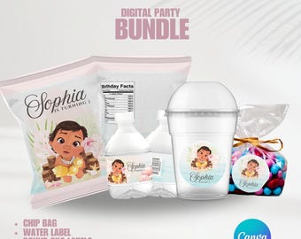 Baby Moana Party BUNDLE | Editable Templates | Moana Chip Bags | Moana Water Labels | Moana Sticker | Personalized Party | Party Favors