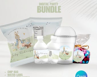 Peter The Rabbit Party BUNDLE | Editable Templates | Chip Bags | Water Labels | Personalized Baby Shower | Party Favors