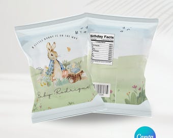 Peter The Rabbit Chip Bags | Editable Template | Peter The Rabbit Favors | Baby Shower | Personalized Party | Canva
