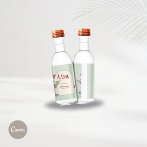 May include: Two clear glass bottles with copper-colored caps. One bottle has a label with the text "A tini" and a cocktail illustration. The other bottle has a vertical green stripe. The bottles are on a white background.