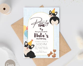 Invitación de perro Corgi / Plantilla editable / Fiesta de Corgi / Primer cumpleaños de perro / Cumpleaños de perro / Fiesta personalizada / Corgi negro / Canva