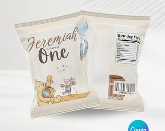 Winnie the Pooh First Birthday Party Chip Bags | Editable Template | Winnie the Pooh Party Favors | Personalized Party | Canva | Boys Party