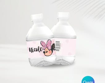 Minnie Mouse Water Labels | Editable Template | Minnie Mouse Labels | Baby Minnie | Personalized Party | Canva | Party Favors