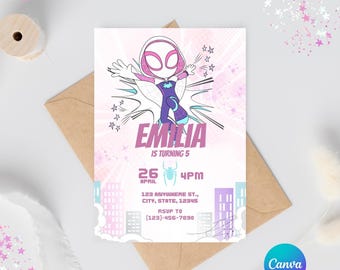 Spidey Girl Birthday Invitation | Editable Template | Gwen Stacy Invite | Personalized Party | Spidey and His Amazing Friends Party | Canva