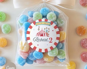Circus Party Labels | 2x2 Round Labels | Editable Template | Carnival Party Favors | Baby Circus | Personalized Party | Canva | Instant