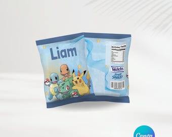Pokemon Party Welch's Candy Bag | Editable Template | Pokemon Favors | Personalized Party | Canva | Party Printables